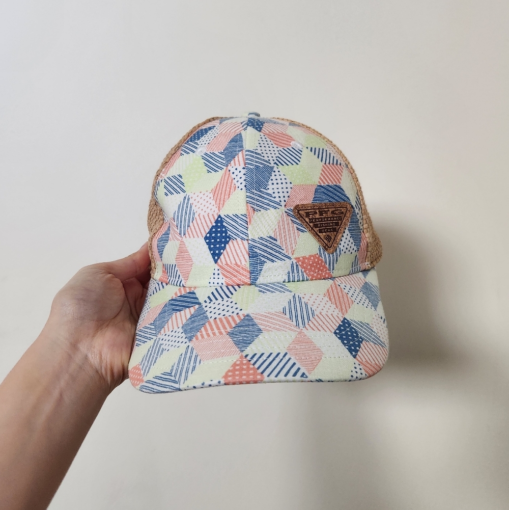 Columbia multi-colored cap with tan pfg performance fishing gear logo patch